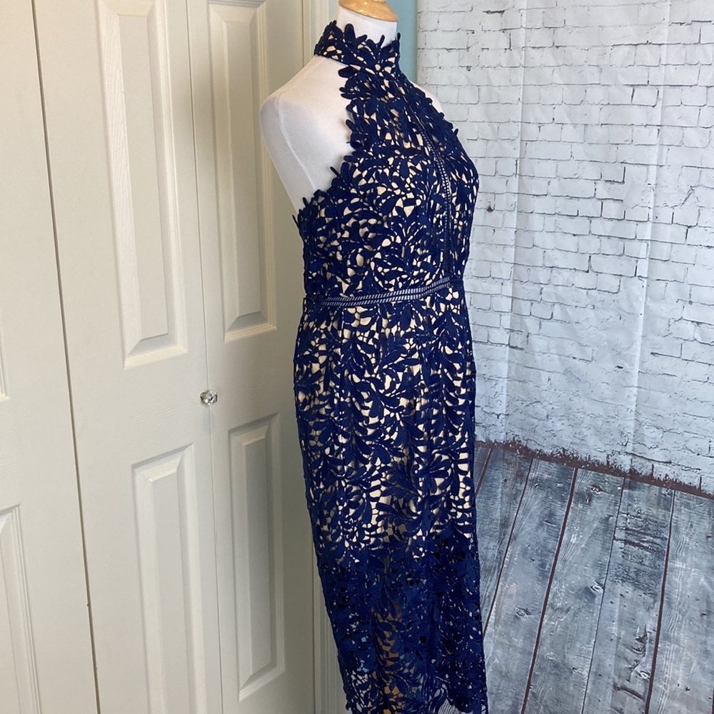 Lulus Divine Destiny Navy Blue Lace Halter Backless Midi Dress Size Large Sexy - Picture 8 of 16